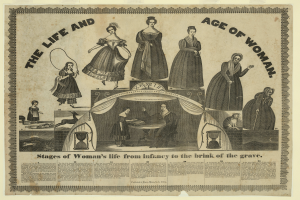 Ein buntes Papier mit Bildern von Frauen und fetter Schrift, das die Lebensphasen einer Frau von der Kindheit bis ins hohe Alter darstellt.