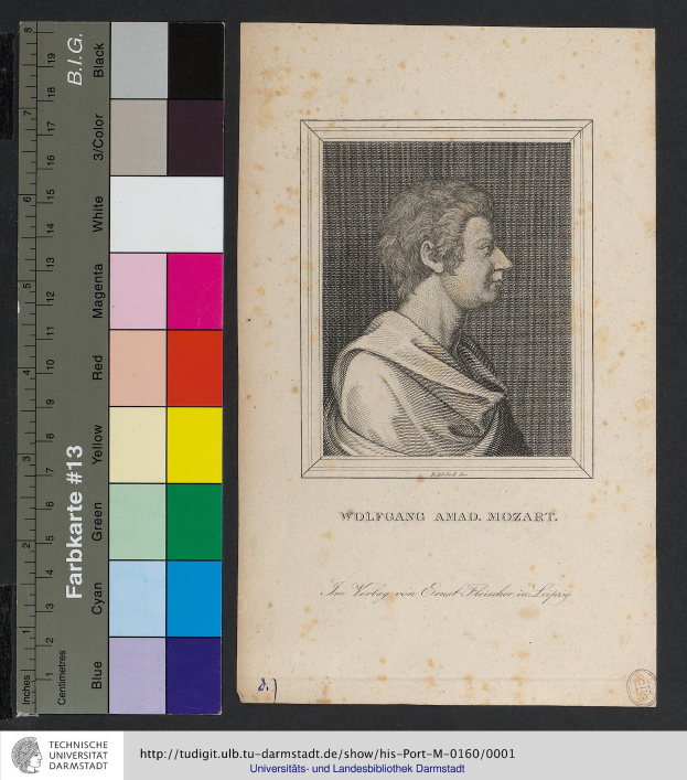 Porträt von Wolfgang Amadeus Mozart mit ernster, nachdenklicher Miene, dunklem kurzen Haar und direktem Blick; Maßstab links und Text unten.