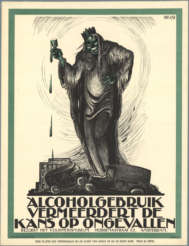 Ein Schwarz-Weiß-Plakat mit einem Mann, der ein Glas Alkohol hält, umgeben von Fahrzeugen und Gebäuden, mit der Aufschrift "Alkoholkonsum erhöht die Wahrscheinlichkeit von Unfällen".