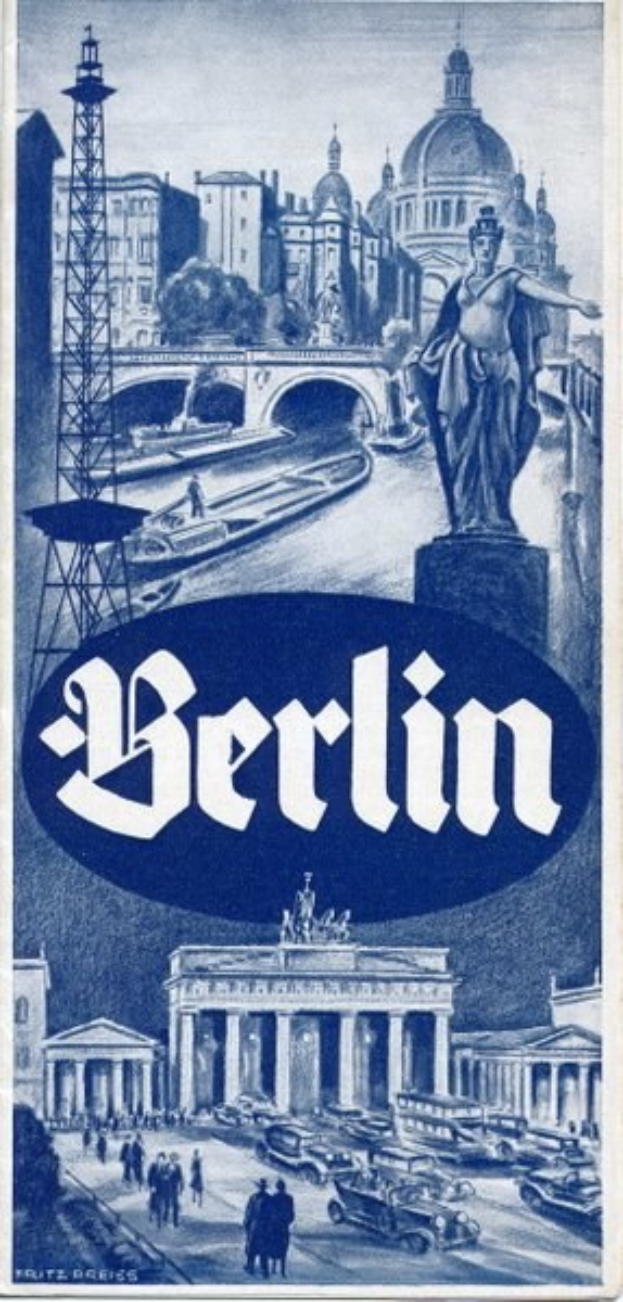 Plakat, das Berlin, Deutschland bewirbt und eine Statue, historische Gebäude, einen Turm, Menschen, Fahrzeuge auf einer Straße und eine Brücke zeigt, mit Text, der Stadtinformationen enthält.