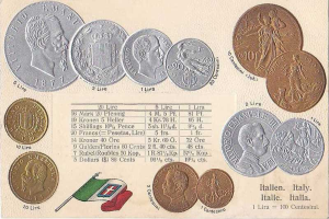 Ein Blatt Papier mit einer Reihe italienischer Münzen von 1877 bis 1910, darunter mehrere 20-Lire-Münzen, mit Text und Porträts sowie zwei Flaggen unten, darunter die italienische Flagge.