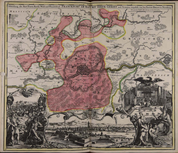 Ein altes Buch mit einer zentralen Deutschlandkarte, umgeben von Illustrationen und Text, strahlt einen klassischen und zeitlosen Look aus.