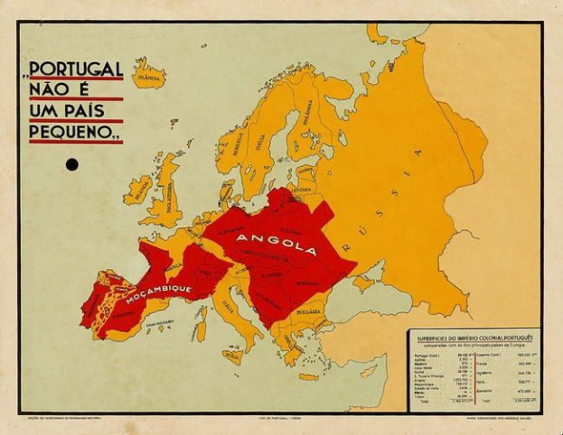 Plakat mit einer Europakarte, die die Provinzen von Angola in rot hervorhebt und den Text 'Portugal, Angola und Portugal' trägt.