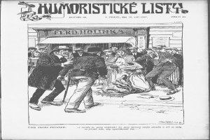 Ein Schwarz-Weiß-Cartoon eines Mannes im Anzug und mit Krawatte, der vor einer Menge mit einem Gebäude im Hintergrund steht, mit dem Text "Humoristische Liste" oben und unten.