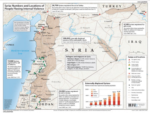Plakat mit einer Karte von Syrien, die die Zahl der Menschen zeigt, die vor internaler Gewalt im Land fliehen, begleitet von Text und Graphiken.