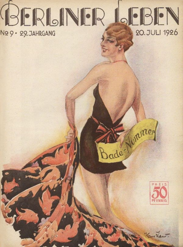 Titelbild der Berliner Leben Zeitschrift vom Juni 1926 mit einer Frau in einem Badeanzug, die ein Tuch hält, und dem Zeitschriftennamen darüber