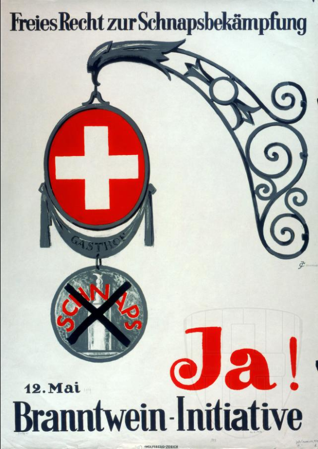 Ein Plakat mit einem roten Kreuz und der schwarzen, fetten Schrift 'Jä Brantwein-Initiative', möglicherweise für eine Schweizer Rotes Kreuz-Initiative.