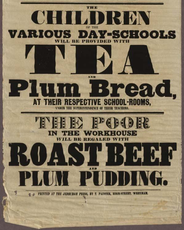 Ein Blatt mit der Aufschrift "Die Kinder der verschiedenen Ganztagsschulen werden mit Tee, Pflaumenbrot und Rindfleisch und Pflaumenpudding versorgt."