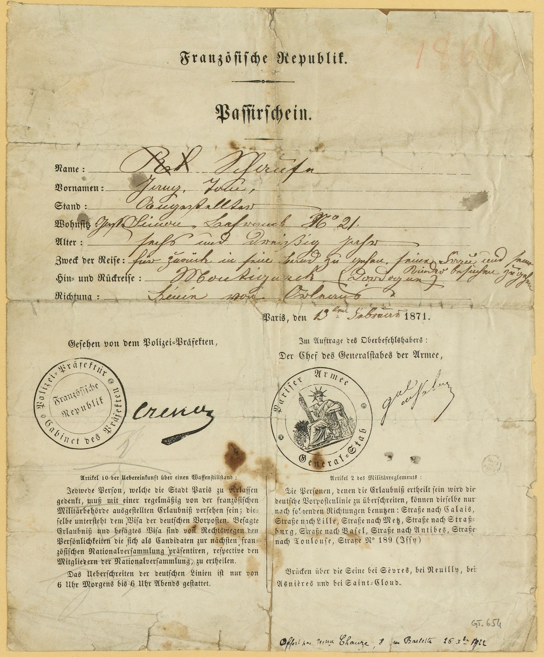 Altes vergilbtes deutsches Regierungsbrief mit einem kreisförmigen schwarz umrandeten Stempel und schwarzer Tinte.
