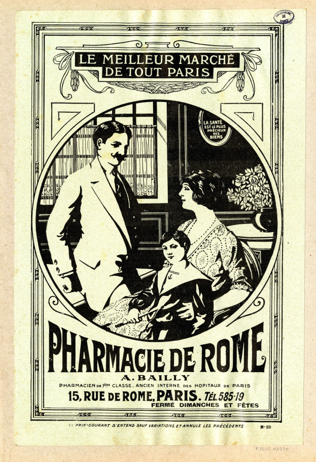 Schwarz-weiß-Anzeige für eine Apotheke in Rom, auf der ein Mann und eine Frau nebeneinander stehen und Text die Apotheke und ihre Dienstleistungen beschreibt.