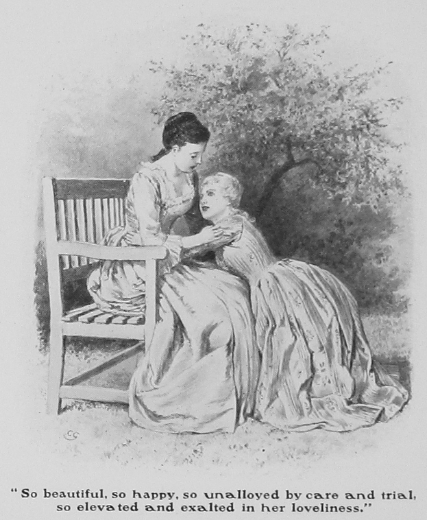 Eine Frau und ein Kind auf einer Bank mit einem Baum im Hintergrund, begleitet von einem Zitat über Glück und Schönheit.