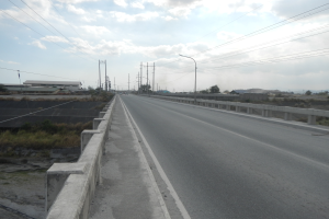 Eine Autobahn mit einer Betonbarriere am Rand, umgeben von Gras, Pflanzen, Bäumen, Laternenmasten und Strommasten mit Drähten, mit Gebäuden und einem bewölkten Himmel im Hintergrund.