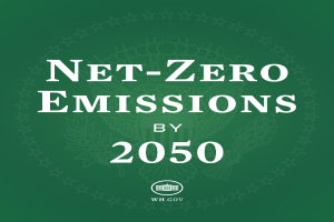 Ein grüner Hintergrund mit der fettgedruckten weißen Schrift "net-zero emissions by 2050".