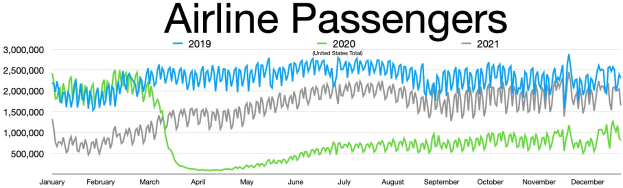 Liniengraphik, die die Anzahl der Fluggäste in den Vereinigten Staaten von 2019 bis 2021 zeigt, mit begleitendem erklärendem Text.