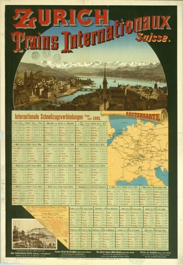 Plakatwerbung für die Zürcher S-Bahn Internationalaux mit einer Stadtkarte, Gebäuden, Wasser, Bergen und Text.