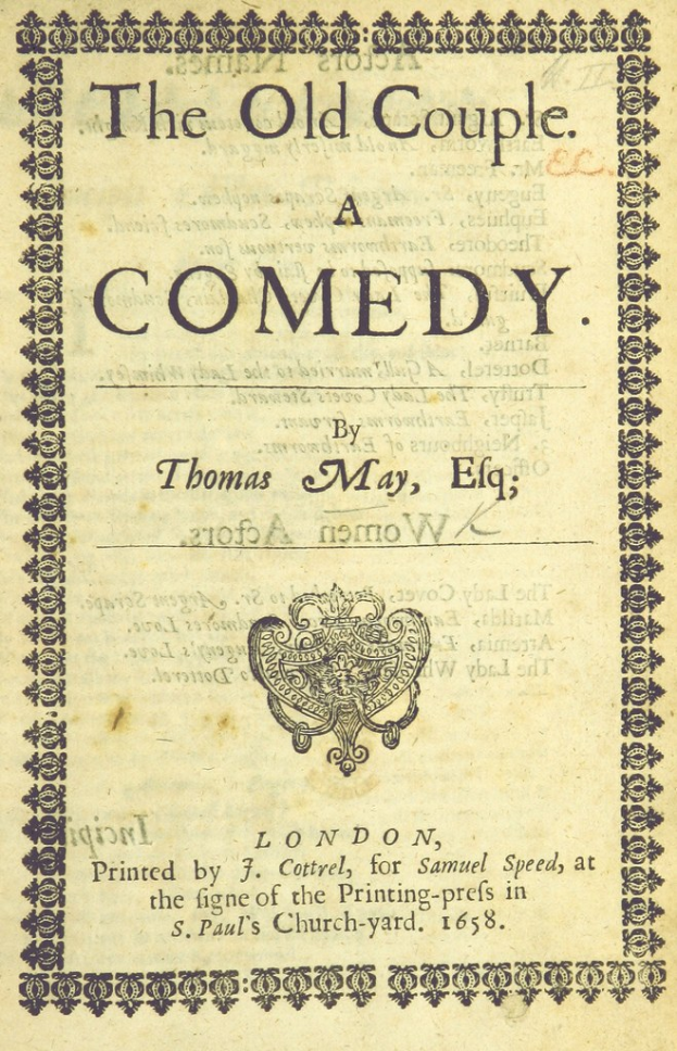 Cover eines alten Buches mit dem Titel "The Old Couple: A Comedy" mit einem Logo auf der Titelseite.