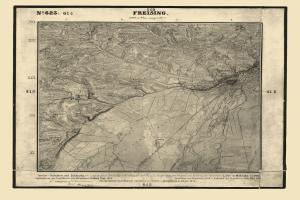 Ein detailliertes topografisches Stadtplan von Freising, Deutschland, gerahmt mit Text oben und unten, zeigt Straßen, Gebäude und andere Merkmale.