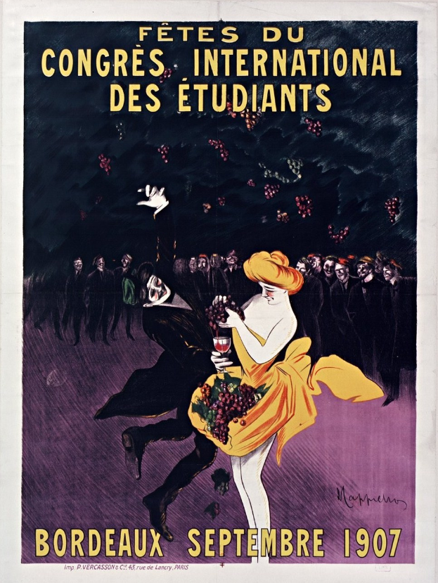 Plakat für eine Weinprobe im Jahr 1907 in Bordeaux, Frankreich, mit einer Frau in gelbem Kleid, die ein Weinglas hält, umgeben von einer Gruppe von Menschen, mit Veranstaltungseinzelheiten im Text.