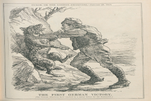 Ein aufgeschlagenes Buch mit einer Illustration eines Mannes mit Hut und entschlossener Miene und einem Hund, der neben ihm steht und aufmerksam hochschaut; der Text auf dem Buch lautet "Das erste deutsche Sieg."