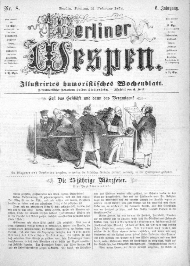 An old newspaper titled 'Berliner Wespen' dated February 21, 1873, featuring a group of people in traditional German clothing engaged in conversation.