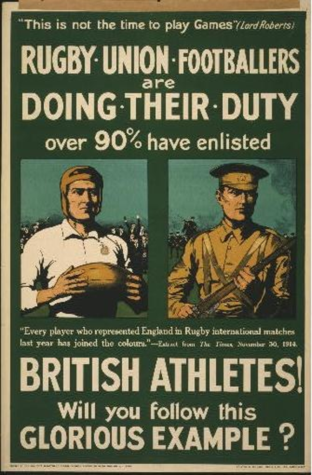 Plakat mit zwei Rugbyspielern in Uniform, Text zeigt über 90% britische Athleten eingezogen