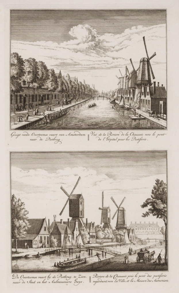 Zwei Fotos von Windmühlen in den Niederlanden mit Bäumen, Häusern, Menschen, Booten und einem bewölkten Himmel im Hintergrund und Text unten.