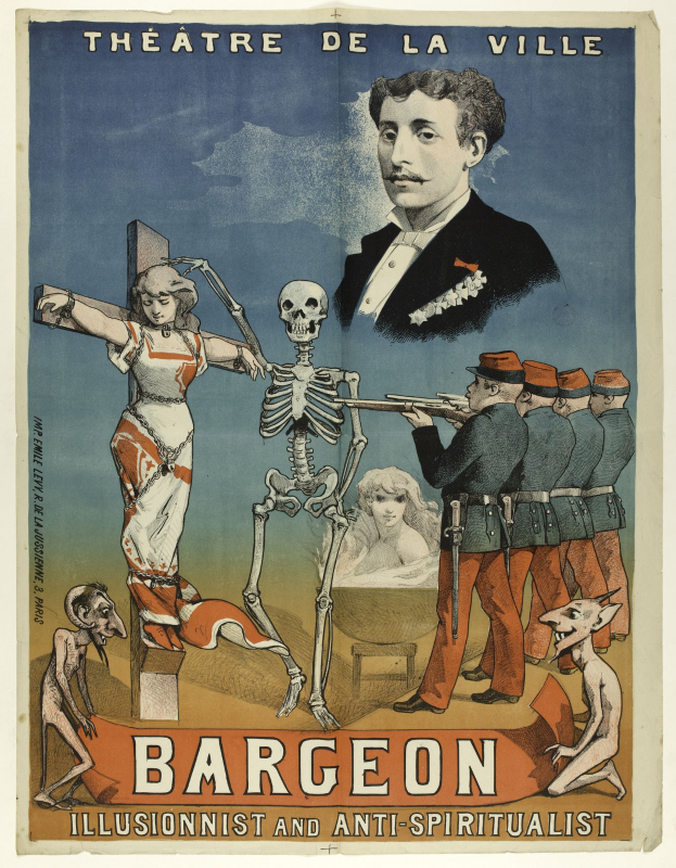 Plakat für das Théâtre de la Ville in Paris mit einem Skelett mit ausgestreckten Armen, umgeben von aufgeregten Menschen und dem Text "Bargeon Illusionist und Anti-Spiritualist."