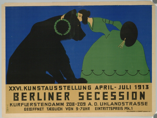 Plakat für die Berliner Secession-Ausstellung von 1913, das eine Frau und einen Hund mit Text zeigt