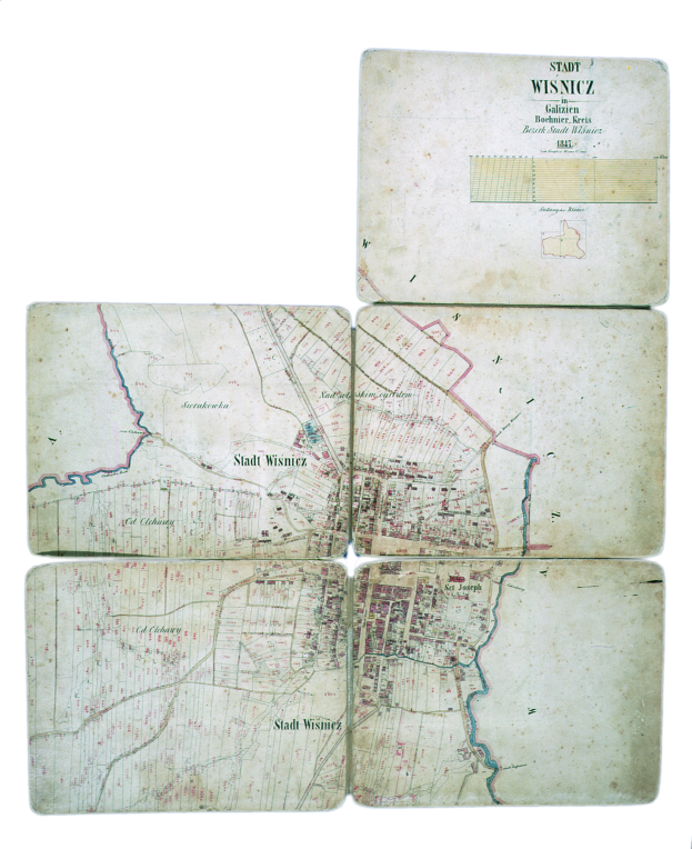 Vier Coaster mit einer detaillierten Karte von Wiesnitz, die Straßen, Gebäude und Sehenswürdigkeiten zeigt, mit einem hochwertigen Finish.