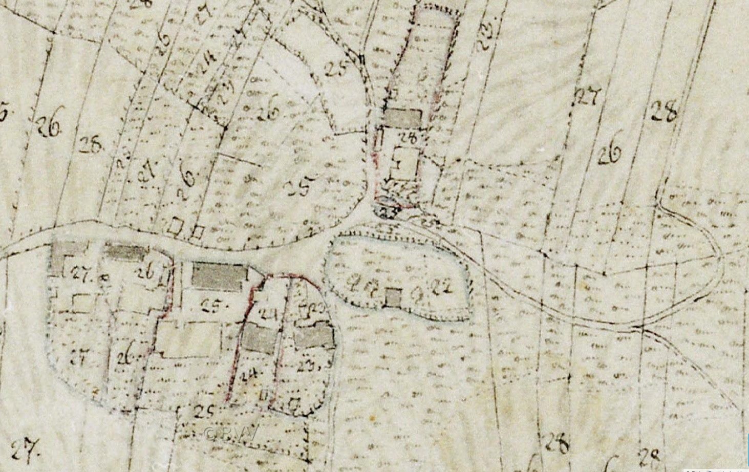 Detailierte alte Stadtkarte mit nummerierten Gebäuden, Straßen und Text, die eine geplante Entwicklungsstelle am Boden anzeigt.