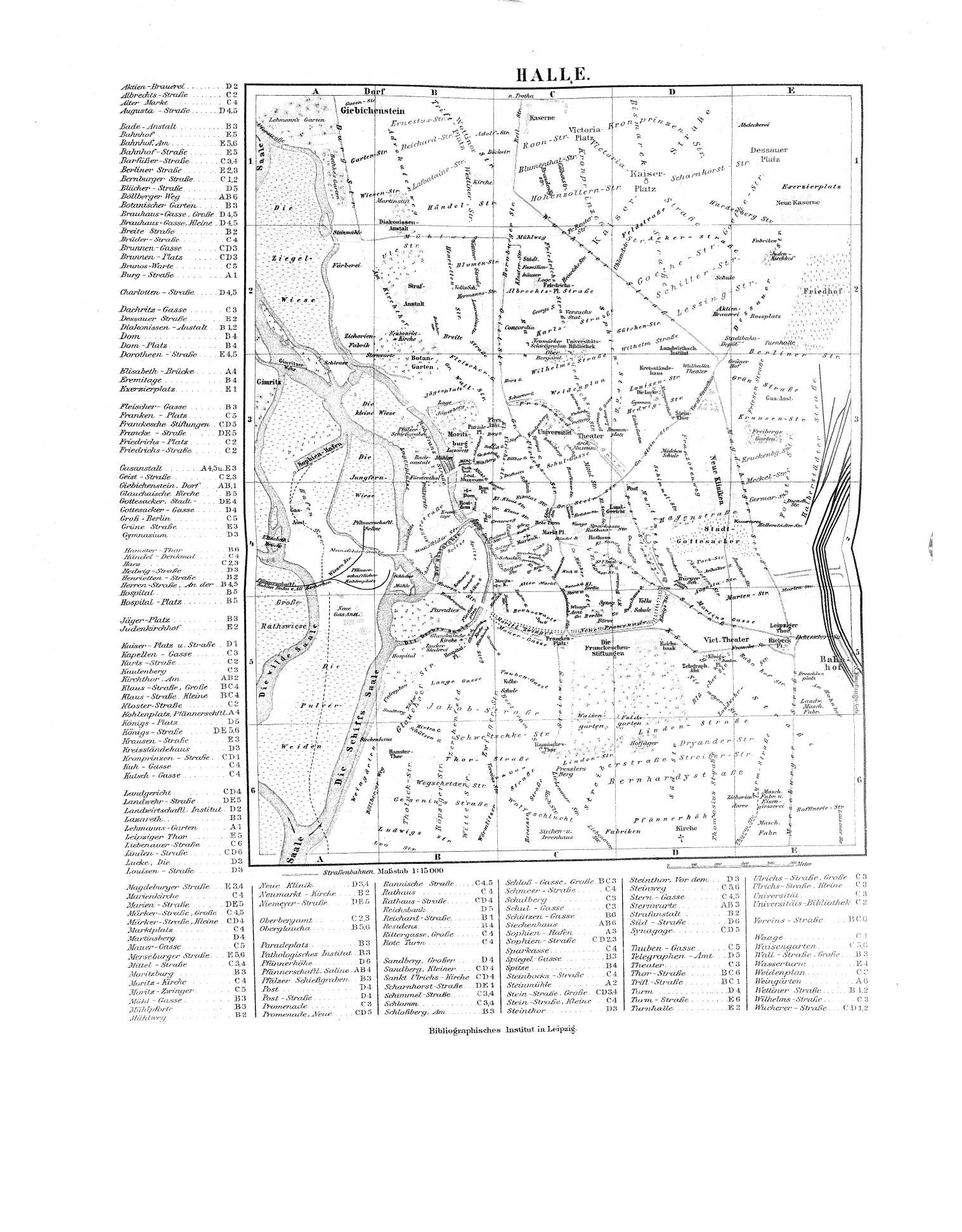 Schwarze und weiße Karte von Halle, Deutschland mit detailliertem Text und Stadtplan.