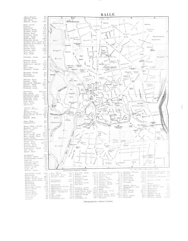 Schwarze und weiße Karte von Halle, Deutschland mit detailliertem Text und Stadtplan.