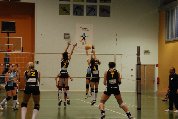 Ein Volleyballfeld mit aktiv spielenden Spielern, das ein Basketballnetz, Fenster und eine Tür im Hintergrund zeigt.