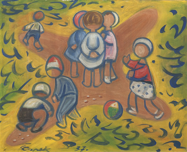 Malerei auf einer Tafel, die Kinder beim Spielen mit einem Ball in einem hellen, fröhlichen Feld zeigt, mit etwas Text.