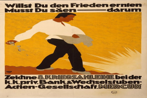 Ein deutsches Propagandaplakat für die Bank von Deutschland, das einen Mann in einem weißen Hemd und schwarzen Hosen zeigt, mit Texten über die Bank und ihre Dienstleistungen.