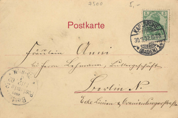 Eine alte Postkarte mit zwei Stempeln, einer aus Baden-Württemberg und ein weiterer mit dem Wort "Postkarte" auf einem Umschlag.