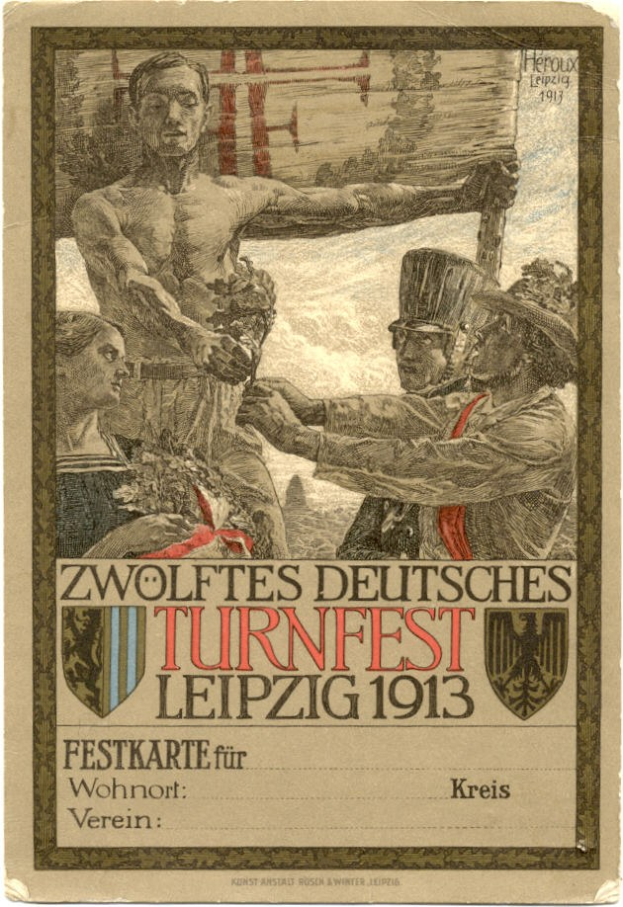 Plakat für das Zwölfte Deutsche Turnfest Leipzig 1913, das eine zentrale Gruppe von Menschen mit Texten zeigt, die die Veranstaltung beschreiben.