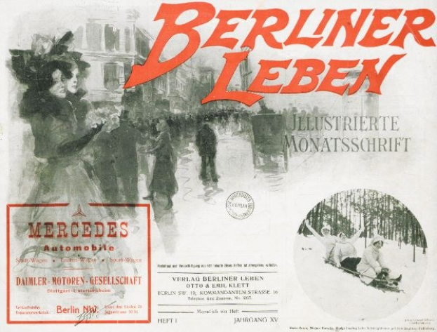 Anzeige für einen Mercedes-Benz PKW in Berlin, Deutschland, mit einer Gruppe von Menschen, Bäumen, Gebäuden, Text und einem Stempel.