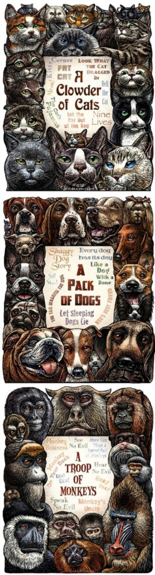 Ein Collage aus verschiedenen Tiergesichtern, die aus Buchstaben und Texten von Papieren bestehen.