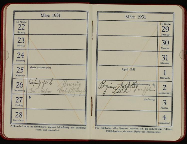 Ein offenes deutsches Tagebuch aus dem Jahr 1931 mit handgeschriebenem Text und Zahlen, einem Kalender darauf.