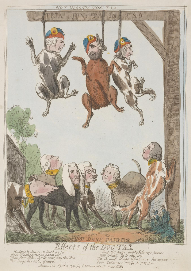 Ein Blatt Papier mit einer Zeichnung einer Gruppe von Menschen und Tieren, darunter ein Hund, der an einem Holzpfahl hängt, und einigen Schriften, die wahrscheinlich die Auswirkungen der Hundesteuer beschreiben.