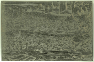 Eine Schwarz-Weiß-Zeichnung einer chaotischen Szene mit aufgeregten Menschen, hohen Gebäuden im Hintergrund und verstreuten Gegenständen, mit Text unten.