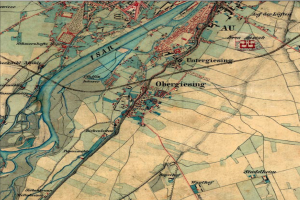 Ein altes Stadtplan von Obergiesing, Deutschland, mit Straßen, Gebäuden und Sehenswürdigkeiten mit Text oben und unten.