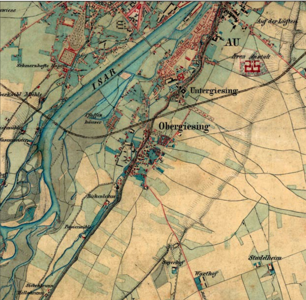 Ein altes Stadtplan von Obergiesing, Deutschland, mit Straßen, Gebäuden und Sehenswürdigkeiten mit Text oben und unten.