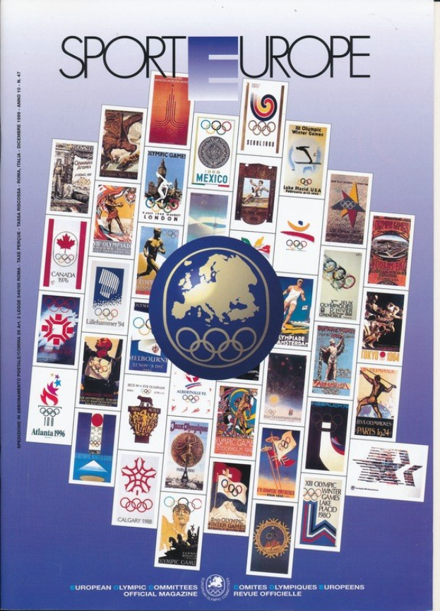 Ein Buchumschlag mit der Aufschrift "Sporting Europe", der farbenfrohe olympische Bilder, Symbole und Texte in komplexen Designs zeigt.