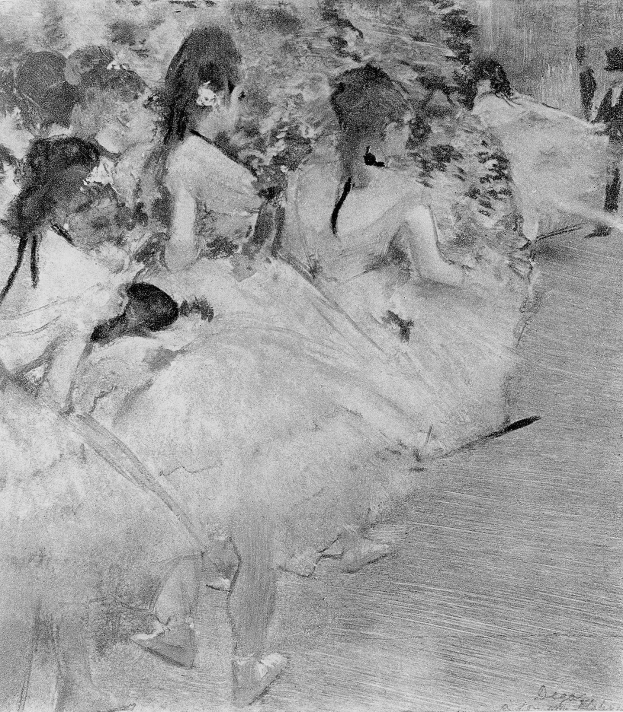 Eine Schwarz-Weiß-Zeichnung einer Gruppe von Tänzerinnen in einem Studio, mit einer Tänzerin in der Mitte, alle tragen bunte Tutus und Spitzenschuhe, vor einem unscharfen Hintergrund mit Text unten.