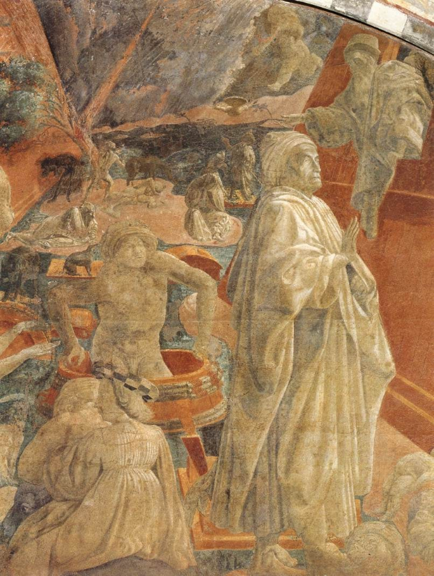 Fresko an einer Kirchendecke in Italien, das die Taufe Christi mit leuchtenden Farben und detaillierten Elementen in einer üppigen, grünen Landschaft zeigt.