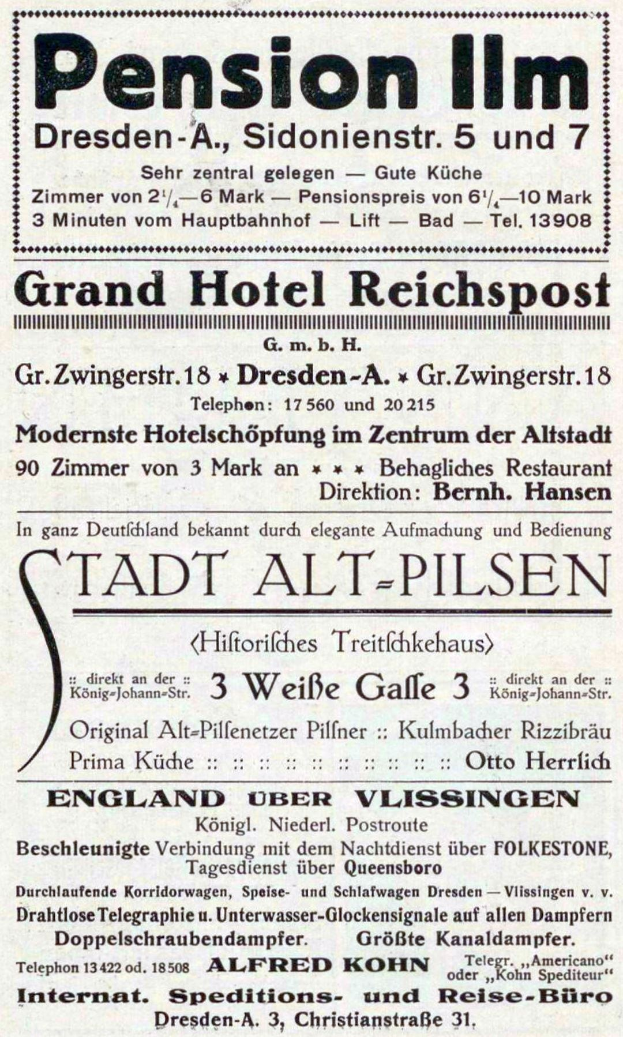 Schwarze und weiße Zeitungsanzeige für das Pensionshaus in Dresden, Deutschland, mit Text auf weißem Hintergrund.