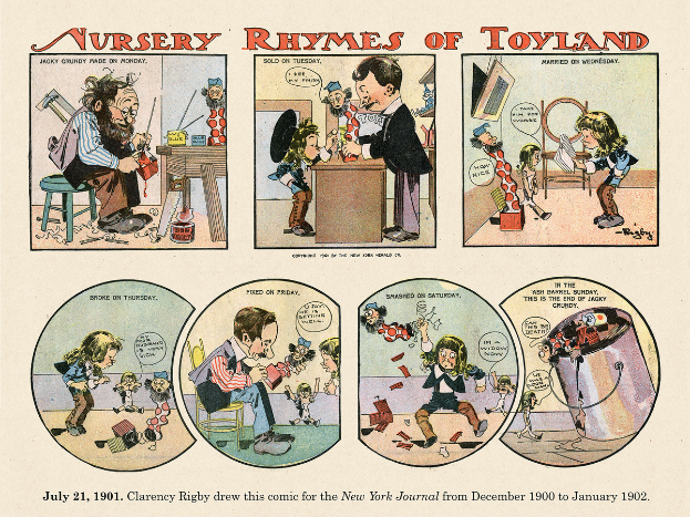 Ein hellblauer Zettel mit der Überschrift "Nursery Rhymes of Toyland" in verspielter Schrift, mit bunten Illustrationen von Kindern, die mit Spielzeug wie einem Stofftier, einem Spielzeugauto und einer Spielzeugeisenbahn spielen, umgeben von einem Sternen- und Herzrand.