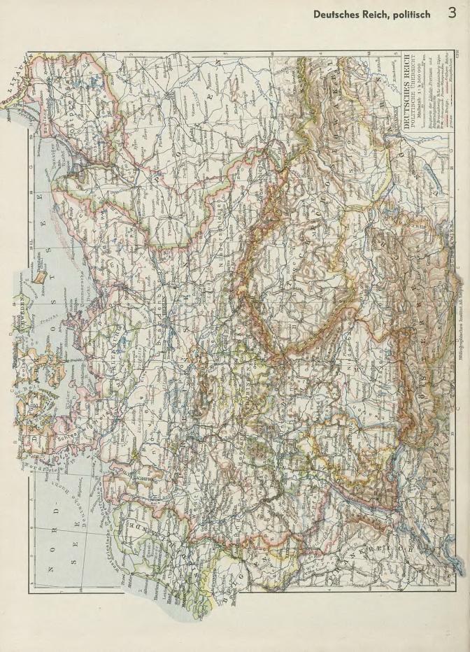 Eine 19. Jahrhundert-Karte von Deutschland, die ihre politischen Teilungen zeigt, auf altem Papier mit Text oben und unten gedruckt.
